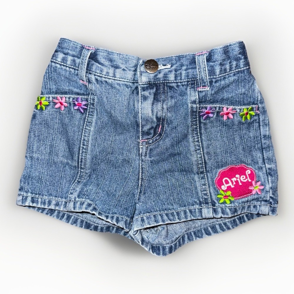Disney Store Ariel Denim Shorts XS 4/5 Floral Embroidery Y2K Toddler Girls